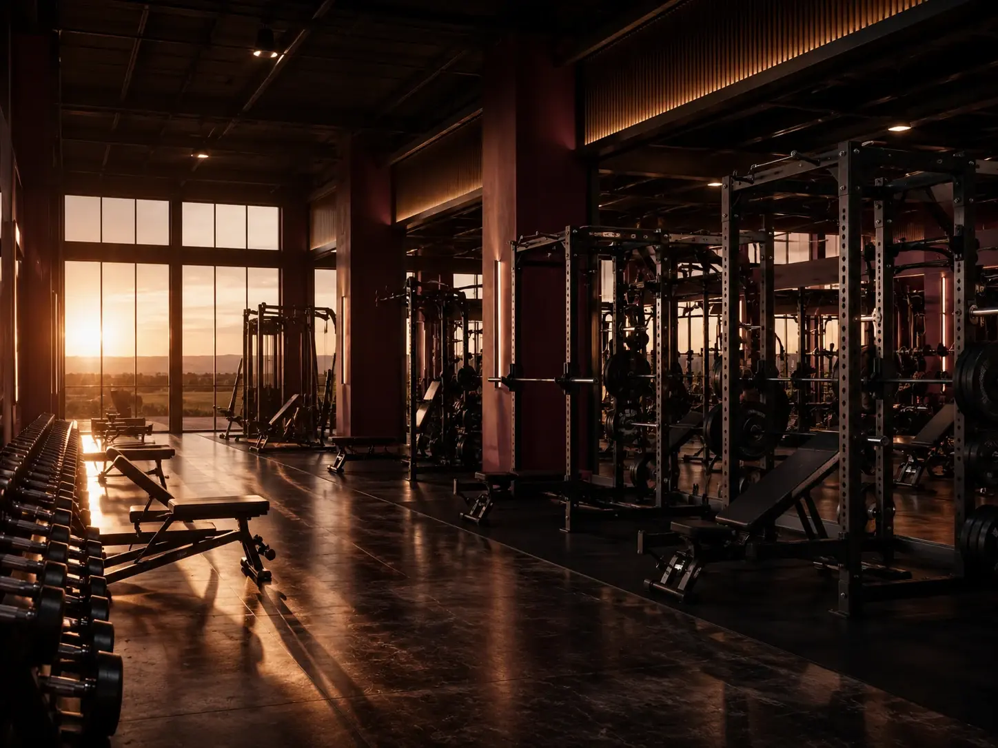 A gym training floor at sunrise, with free weights, benches, and power racks