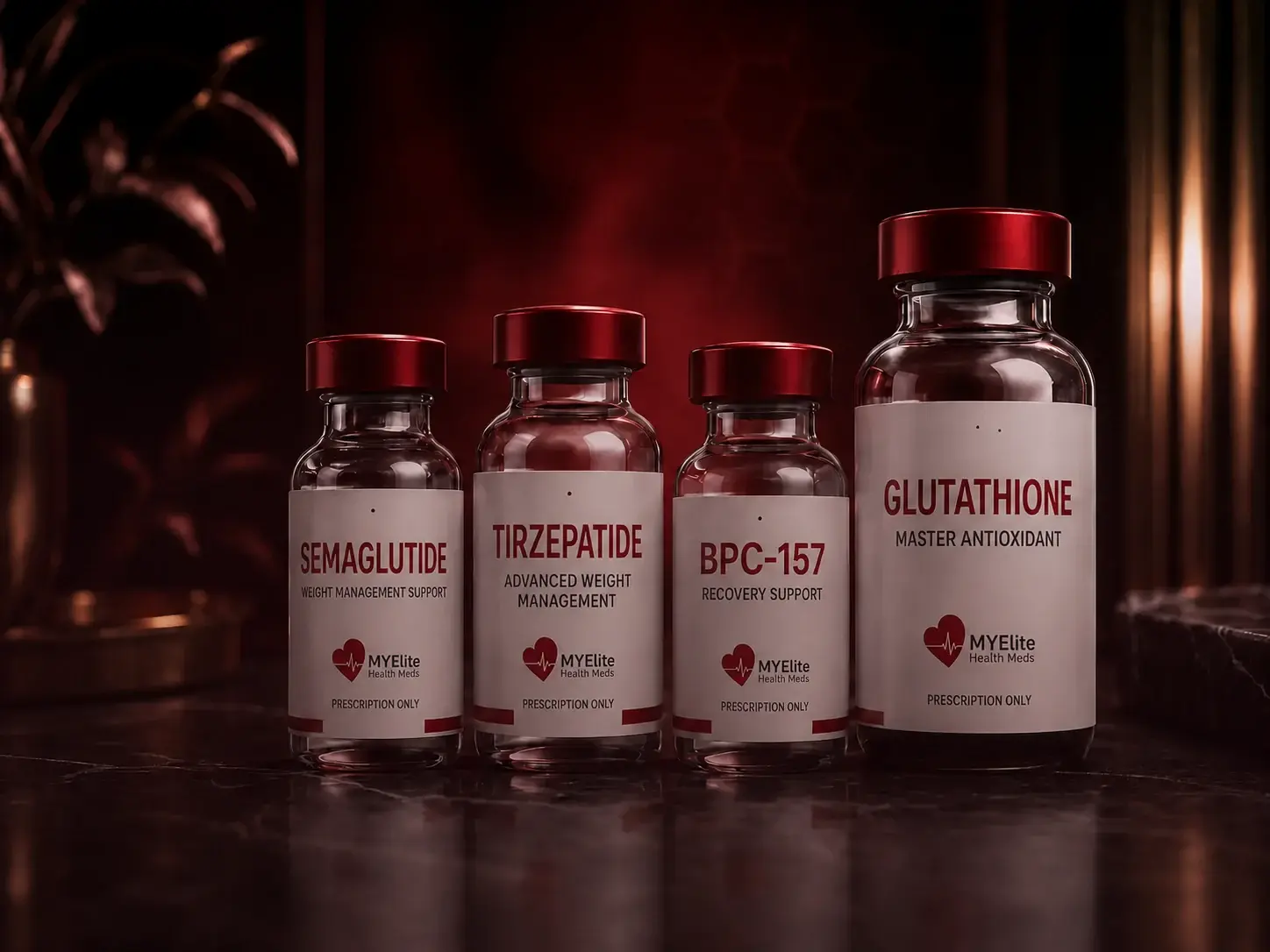 MYElite prescription vials on a dark marble surface